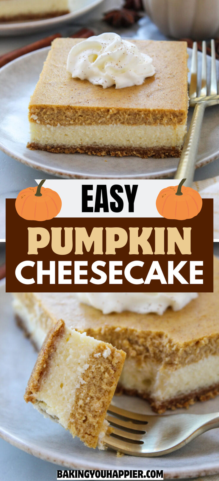 easy pumpkin cheesecake recipe on a plate with a fork