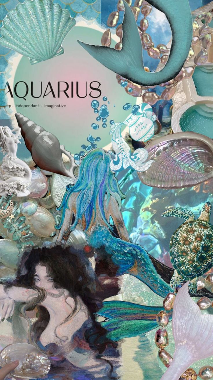 a collage of mermaids and seashells with the word aquarius on it