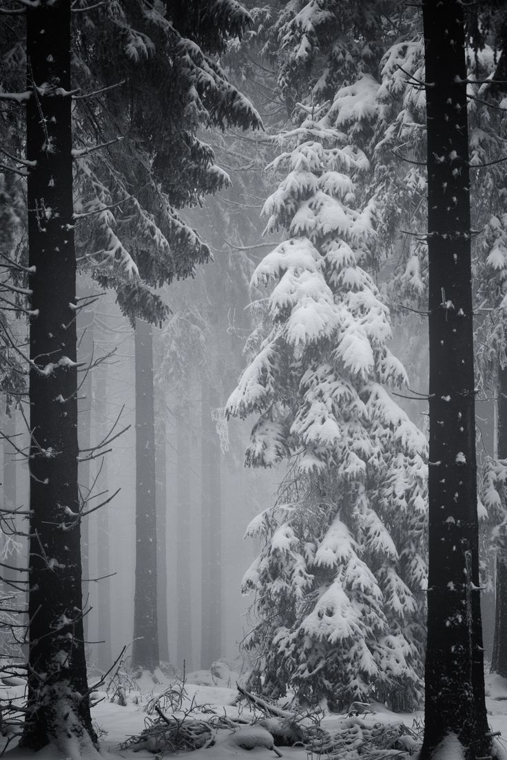 black and white photograph of snow covered trees