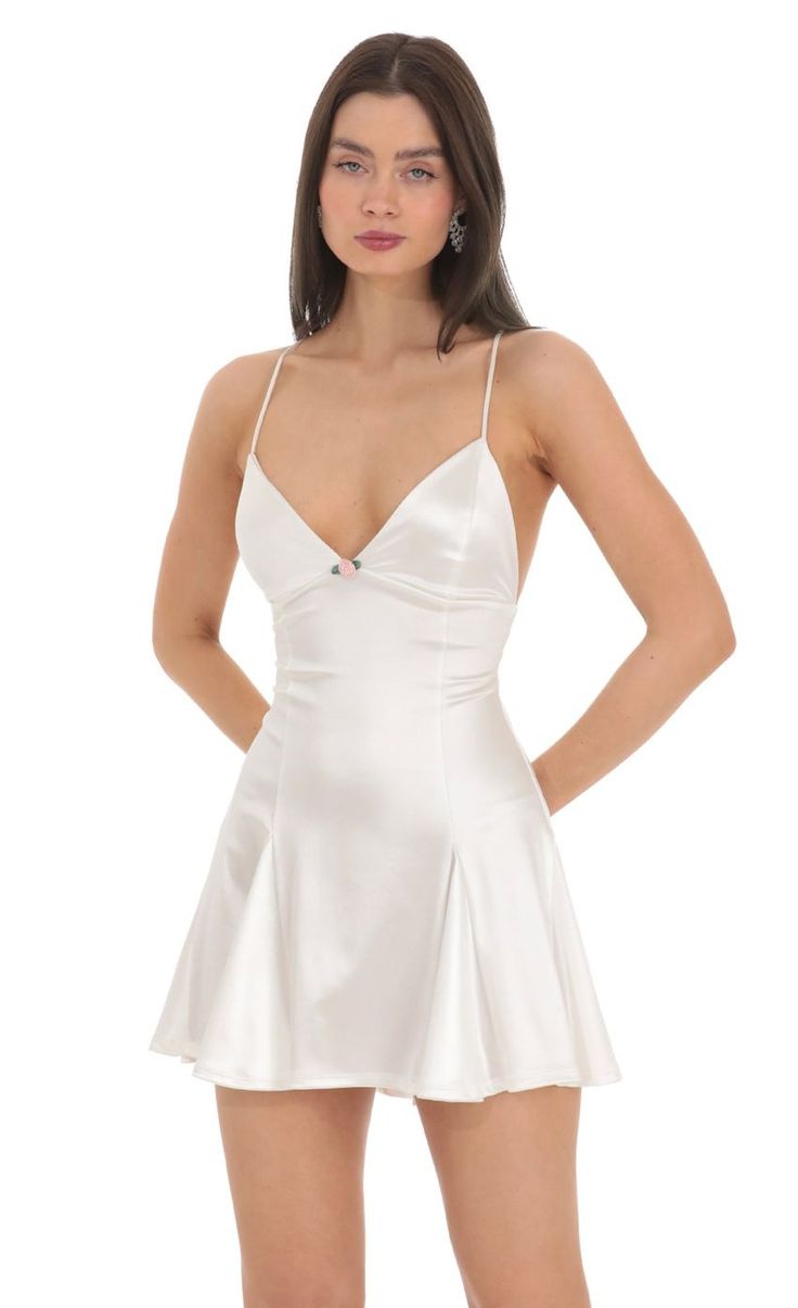 Satin A-line Dress in White | LUCY IN THE SKY Causal Summer Dress, White Hot Dress, Lucky In The Sky Dresses, White Going Out Dress, White Dress Night Out, White Formal Dresses Short, White Silk Dress Outfit, White Satin Dress Short, Short White Satin Dress