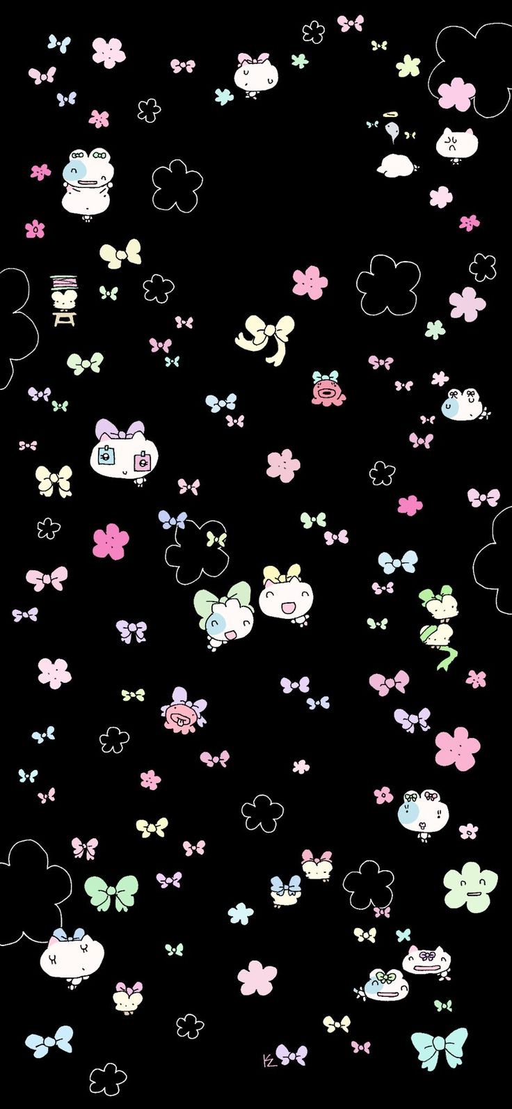 mickey mouse wallpaper with many different colors and shapes on black background in the dark