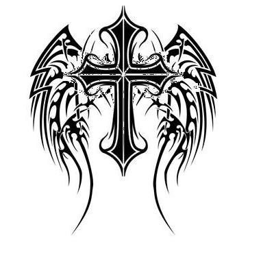 an artistic cross with wings tattoo design