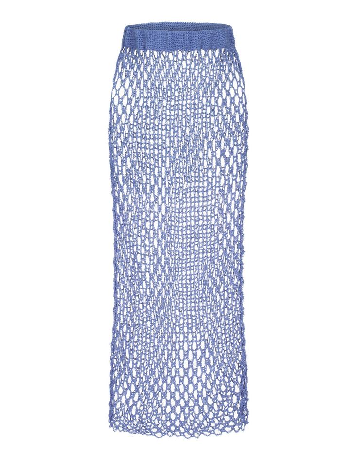 This skirt is a hand-crafted item from summer crochet knit. High-waist design with elastic band. Semi-sheer construction in midi length. Wear this beautiful skirt with matching long-line shirt, short shorts or skirt. blue color semi-sheer construction hand-crocheted midi length high rise elasticated waistband Model is 178cm/5'10" (chest 85cm, waist 60cm, hips 89cm) and wearing - S size Lace Flowy Skirt For The Beach, Summer Lace Midi Skirt, Lace Long Skirt For Beach, Summer Fitted Knit Skirt, Fitted Knit Skirt For Summer, Lace Maxi Skirt For The Beach, Long Lace Beach Skirt, Summer Stretch Knit Skirt, Stretch Knit Skirt For Summer