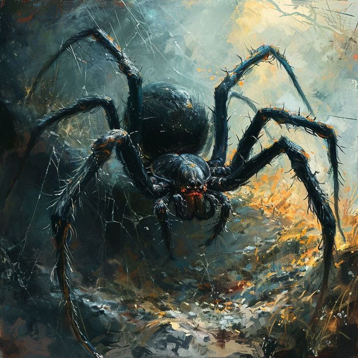 a painting of a large spider in the woods