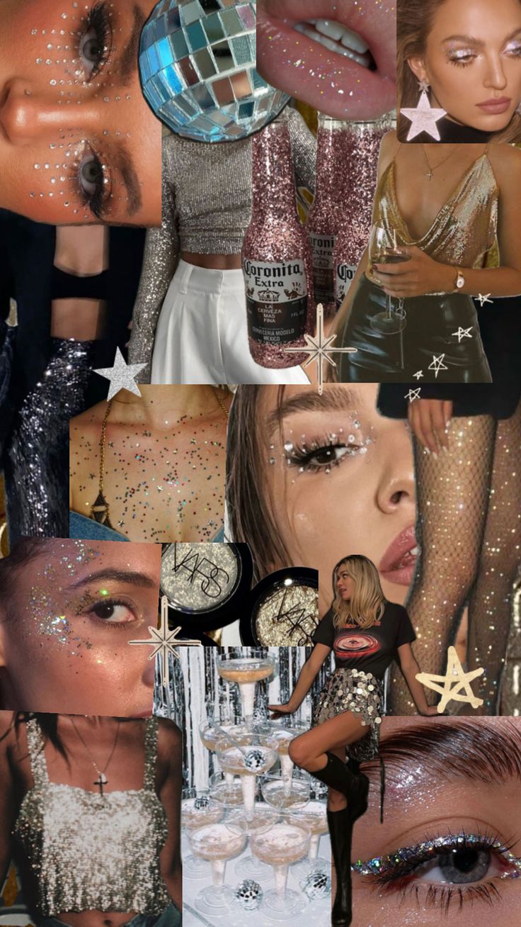 the collage shows many different types of glitters on her face and body, including one