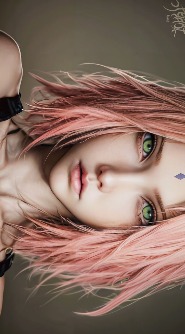 a woman with pink hair and green eyes