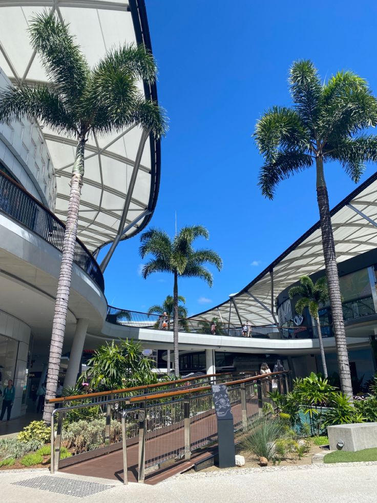 palm trees in front of a building with people on the balcony and walkway below it