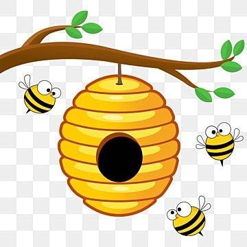 a beehive hanging from a tree branch with three bees flying around it, on a transparent background