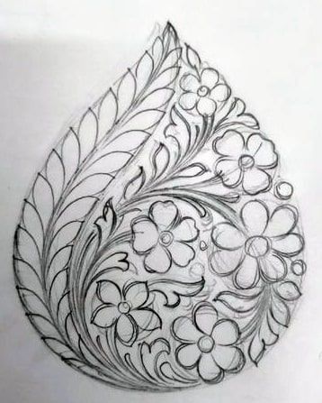 a drawing of a leaf with flowers on it