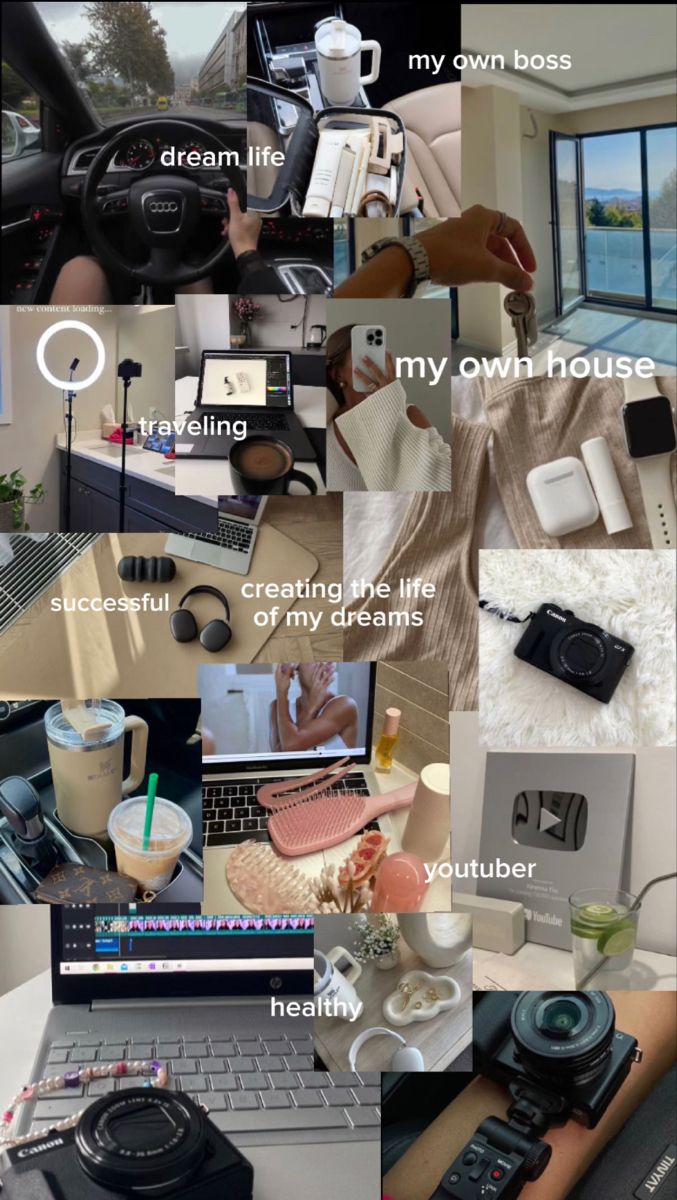 a collage of photos with different things on them including laptop, keyboard and coffee mug