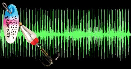 two fishing lures are in front of an audio wave