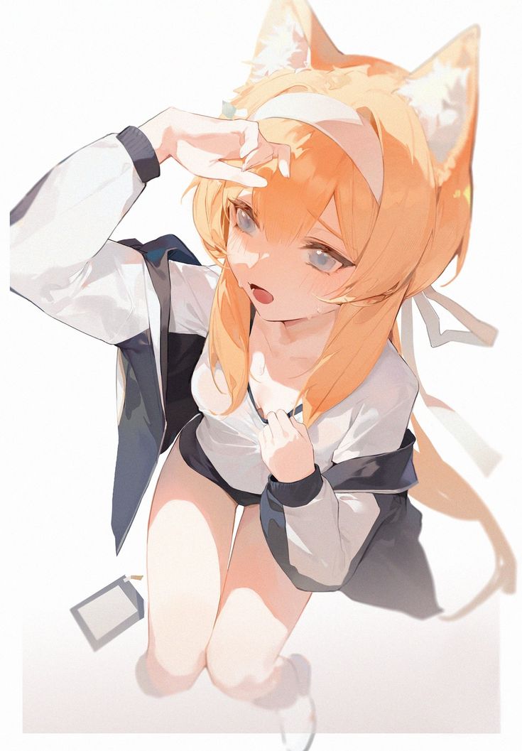 an anime character is posing for the camera with her hands on her head and cat ears