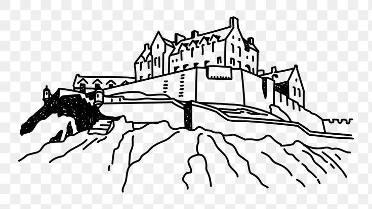 a black and white drawing of a castle