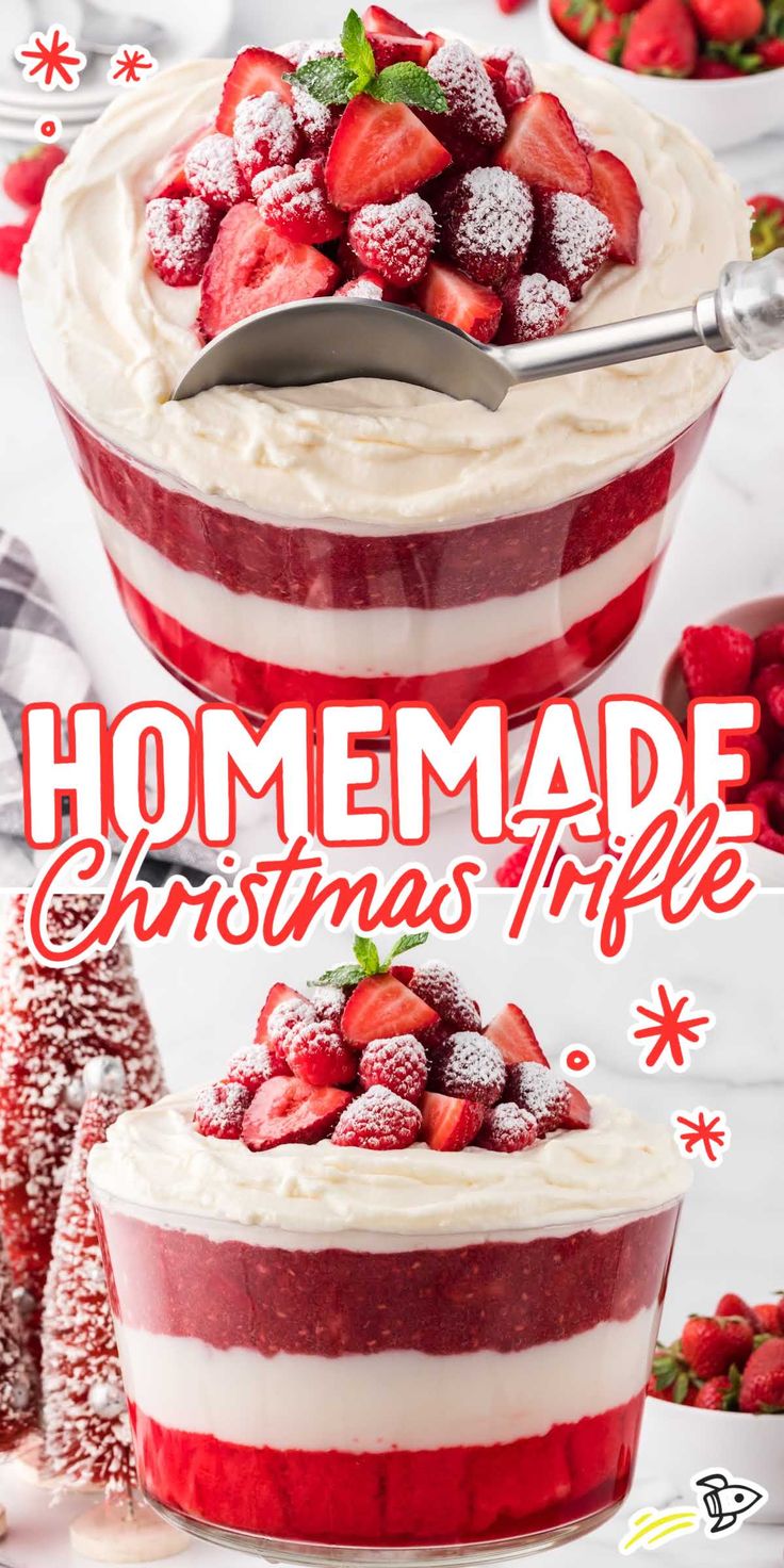 the cover of homemade christmas trifle with strawberries on top and whipped cream in the bottom