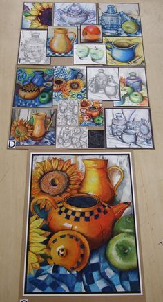 some pictures on the wall with sunflowers and vases