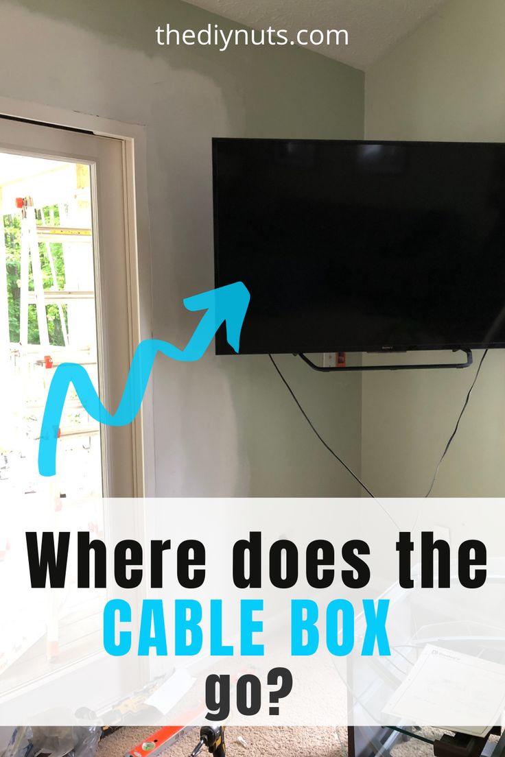 a tv that is on top of a wall with the words where does the cable box go?