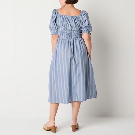 This a.n.a women's striped a-line dress has a fresh boho aesthetic that you'll love wearing on warm-weather days. Made from soft modal cotton, this midi dress has a gathered scoop neck and tiered bustier, plus short ruffled trim sleeves. Wear it with flat or heeled sandals. Neckline: Scoop NeckSleeve Length: Short SleeveSleeve Style: Ruffled SleeveApparel Length: 42 Inches - Back, 42.5 Inches - FrontDress Length: Midi LengthFiber Content: 55% Cotton, 45% ModalFabric Description: Plain Weave, Pl… Spring A-line Maxi Dress With Smocked Back, Casual A-line Maxi Dress With Smocked Back, Casual A-line Midi Dress With Smocked Back, Casual Striped A-line Maxi Dress, Spring Fit And Flare Dress With Smocked Back, Striped A-line Midi Dress For Spring, Spring A-line Maxi Dress With Relaxed Fit, Relaxed Fit Midi Dress For Spring, Casual Spring Fit And Flare Midi Dress