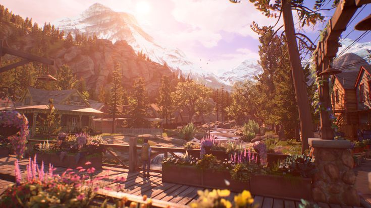 the video game far cry has an image of a mountain in the background with trees and flowers