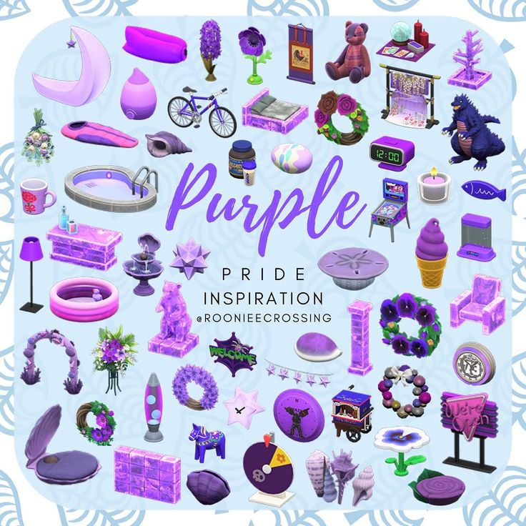 a purple poster with lots of different items