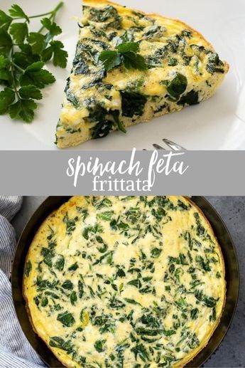 spinach and feta frittata in a skillet with a slice cut out