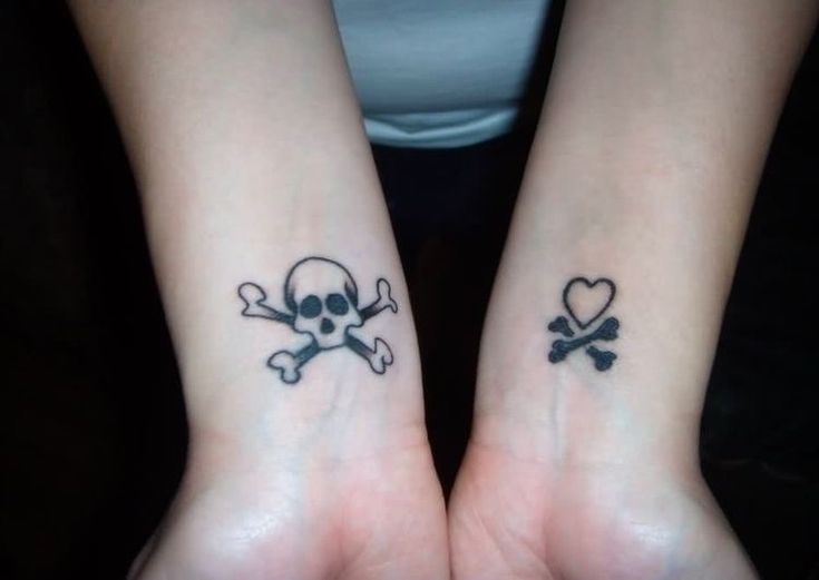 two people with matching tattoos on their arms holding hands in the shape of skulls and crossbones