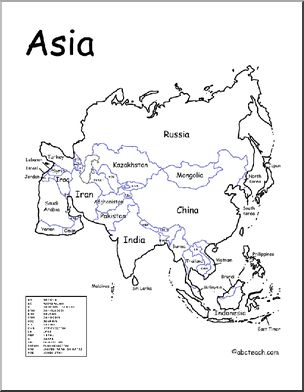 the asia map is shown in black and white, with an outline of countries on it