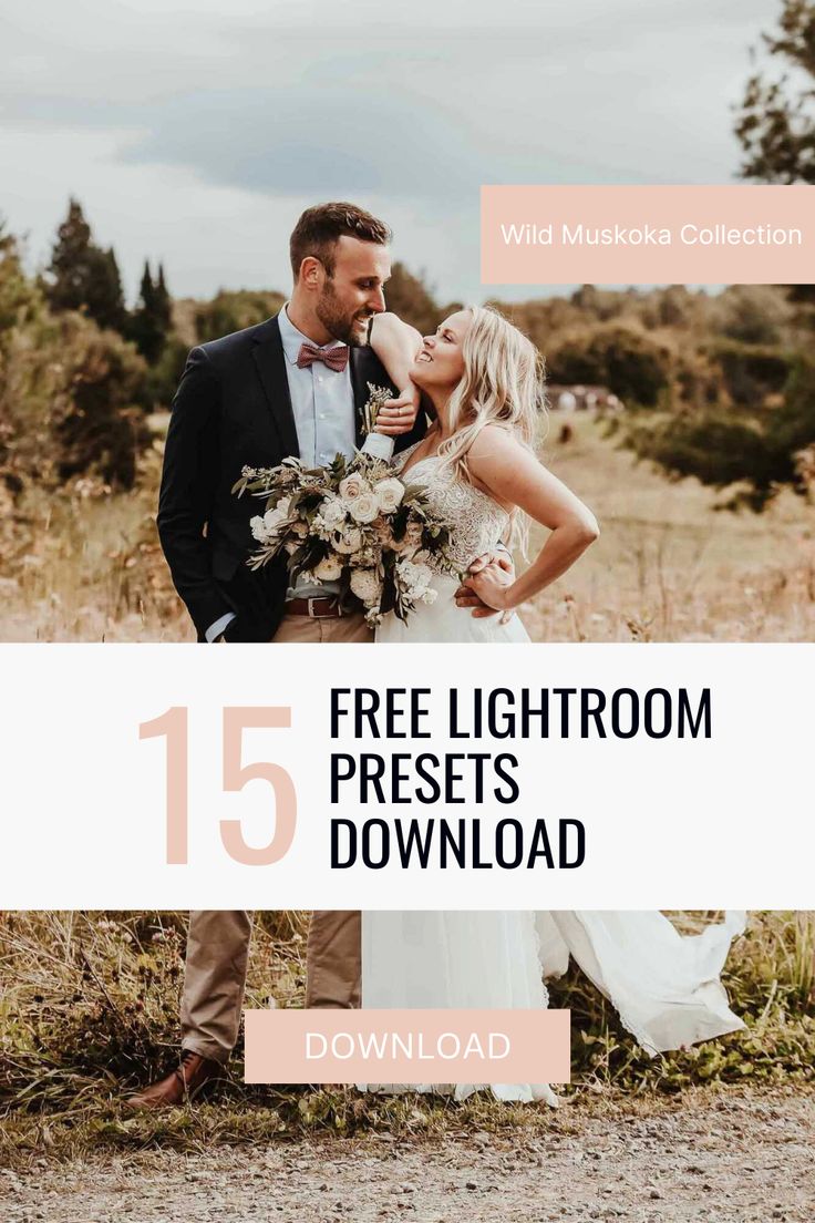 a bride and groom standing in the middle of a field with text overlay that reads wild muske collection free lightroom presets