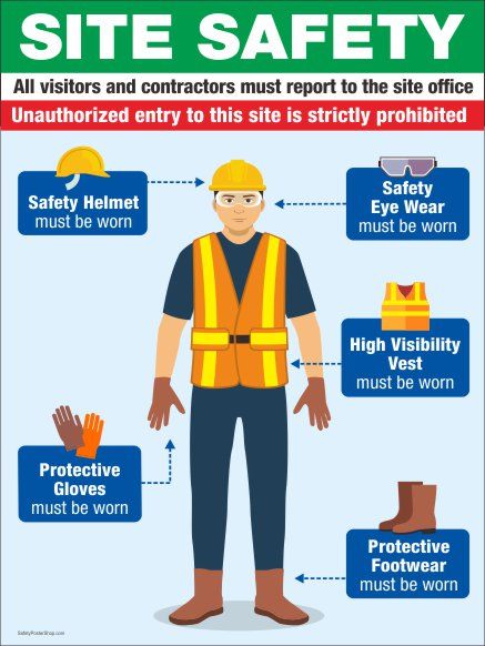 a safety poster with an image of a man in construction gear and other things surrounding him