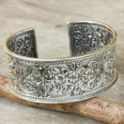 Sterling silver cuff bracelet, 'Renewal' - Floral Silver Cuff Bracelet Silver Cuff Bracelets, Strawberry Stuff, Silver Bracelet Stack, Strawberry Love, The Crown Jewels, Cuff Bracelets Handmade, Sterling Silver Bangle Bracelets, Silver Jewelry Design, Sterling Silver Rings Bands