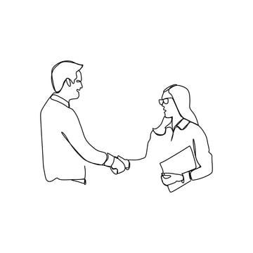 one line drawing of two people shaking hands