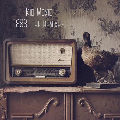 an old fashioned radio sitting on top of a dresser next to a chicken and wallpaper