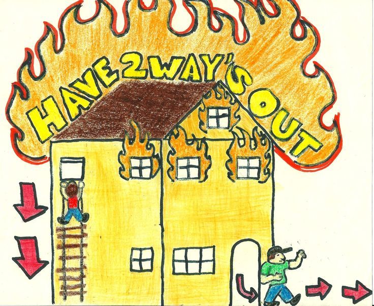 a child's drawing of a house on fire with the words have 2 way out above it