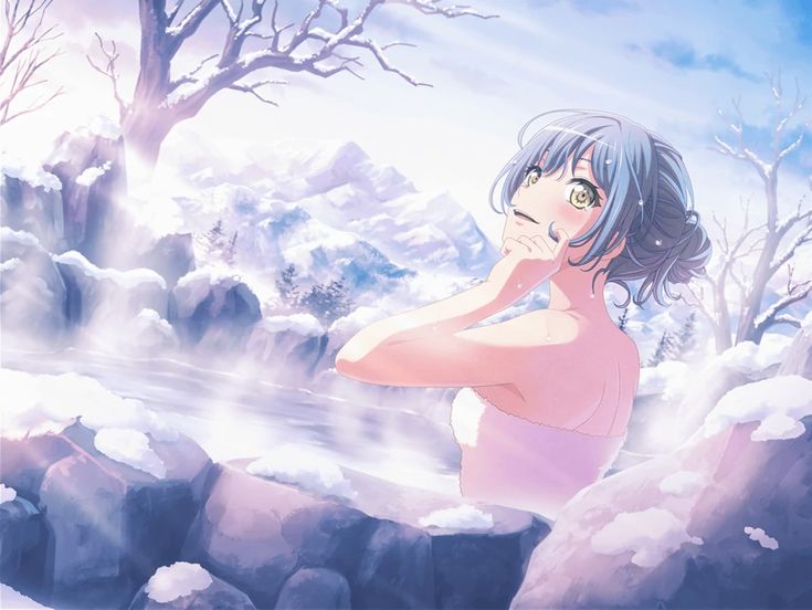 an anime character standing in the snow with her arms behind her head and eyes closed