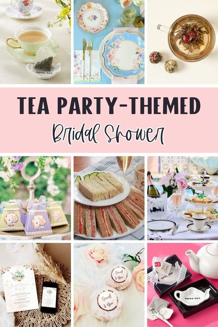 tea party themed bridal shower collage with pink and white flowers on the table