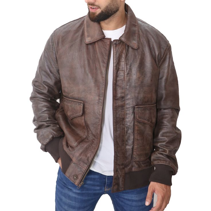 [additional] Mens Aviator A-2 Distressed Brown Real Leather Flight Bomber Jacket Aviator leather jackets like this Distressed Brown Jacket have been around for centuries. Originally designed for pilots in the US military during World War II, the A2 jacket quickly became a fashion staple due to its practicality and rugged charm. People love the Aviator A2 jacket for its classic and versatile style. The distressed leather gives it a vintage look, while the clean lines and minimal detailing make it Aviator Leather Jacket, A Clothing Store, Distressed Leather Jacket, Pilot Jacket, The Aviator, Mens Black Jacket, Leather Jacket Outfits, Real Leather Jacket, Genuine Leather Jackets