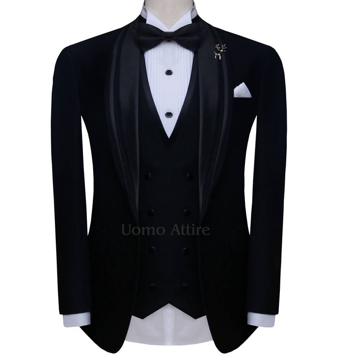 Double piping wedding tuxedo three piece suit, black tuxedo suit, black tuxedo suit with double piping shawl lapel and double breasted black vest and black tuxedo tie Tailored Tuxedo Blazer For Wedding, Slim Fit Tuxedo Blazer, Wedding Tuxedo Suit With Notch Lapel, Wedding Tuxedo With Notch Lapel, Tuxedo Style Blazer With Suit Collar For Wedding, Wedding Tuxedo With Notch Lapel In Suiting Fabric, Slim Fit Tuxedo With Double Breasted Suit Collar, Elegant Slim Fit Three-piece Suit For Groom, Slim Fit Double Breasted Tuxedo With Suit Collar