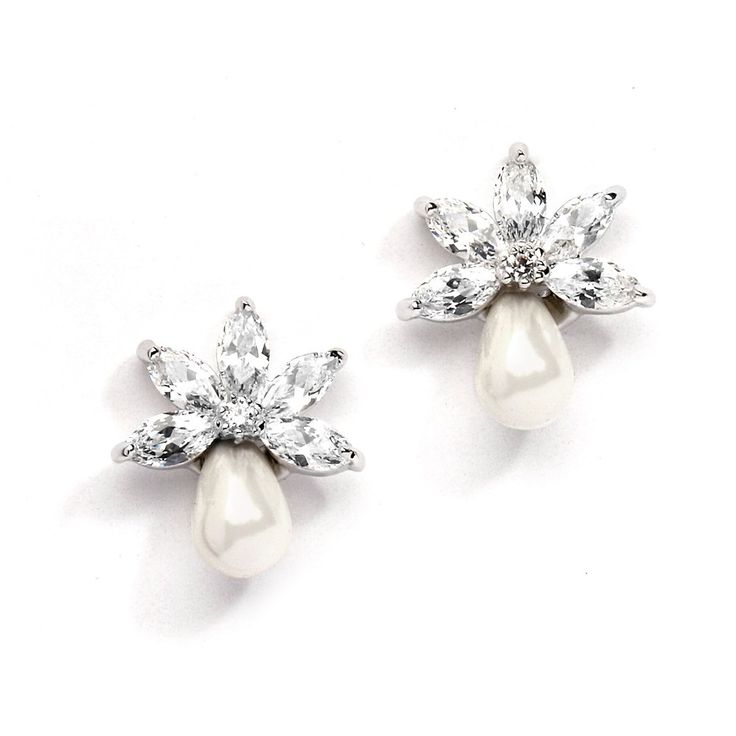 pair of white pearl and crystal flower earrings