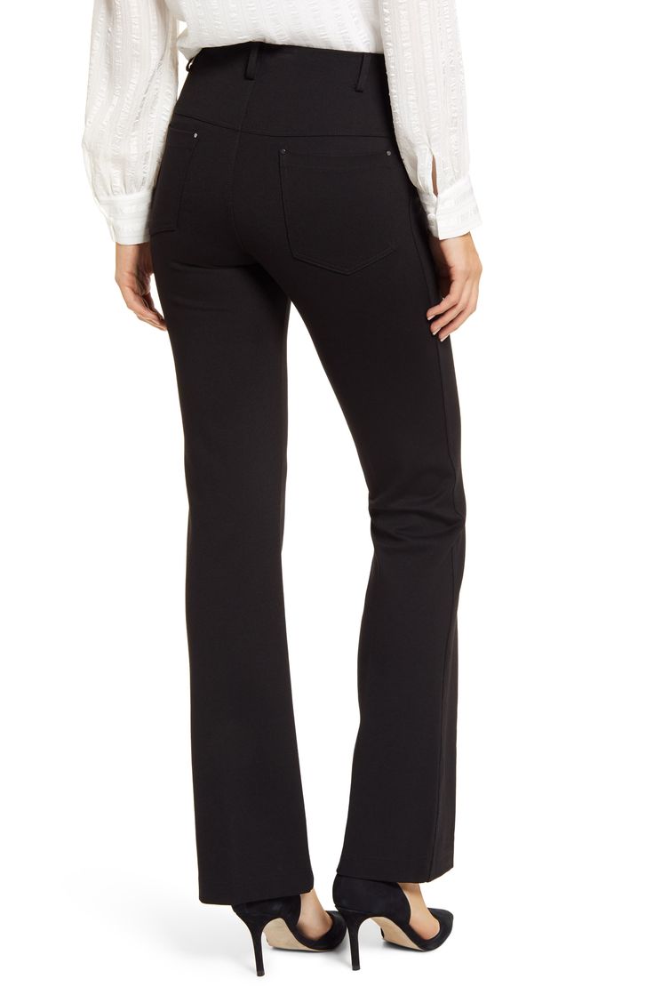 Made from smooth, stretchy ponte knit, these versatile pants are cut with a leg-lengthening silhouette and finished with a slimming hidden waistband. Style Name:Lyssé Ponte Baby Bootcut Pants. Style Number: 6133964. Stretch Mid-rise Elastane Pants, Mid-rise Stretch Pants For Fall, Mid-rise Elastane Pants For Fall, Fall Mid-rise Pants With 4-way Stretch, Straight Leg Workwear Leggings, High-waisted Elastane Dress Pants With Pull-on Style, Chic Elastane Leggings For Business Casual, Comfort Stretch Elastane Pants For Business Casual, Chic Elastane Pull-on Dress Pants