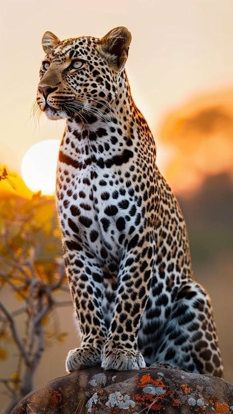 a leopard sitting on top of a rock in front of the sun at sunset or dawn