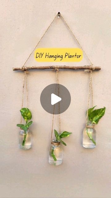 hanging planter with three plants in glass vases and a sign that says diy hanging planter