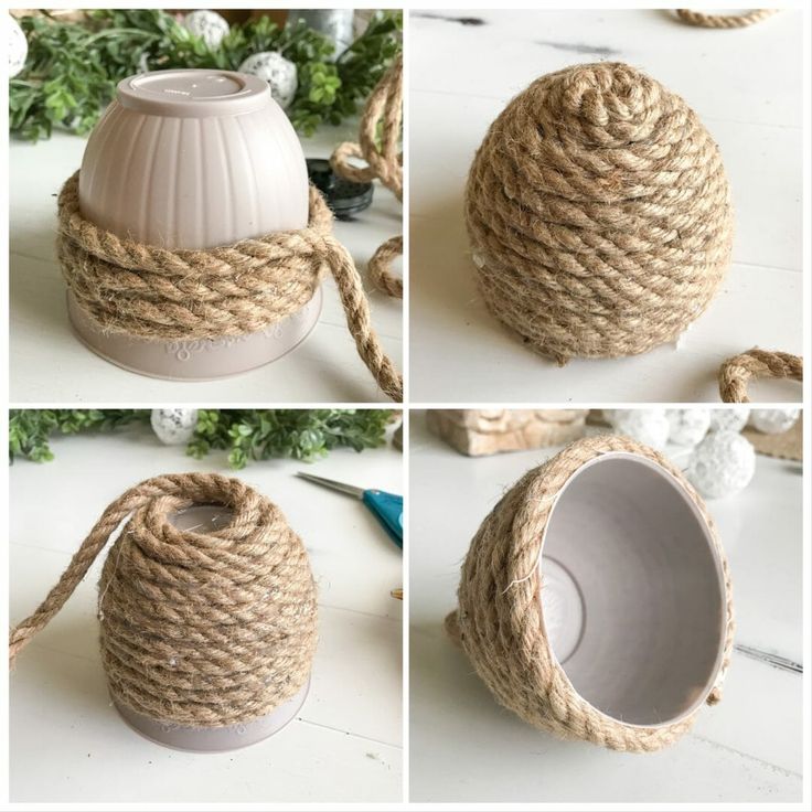 four different pictures of rope wrapped around a vase and making it look like an egg