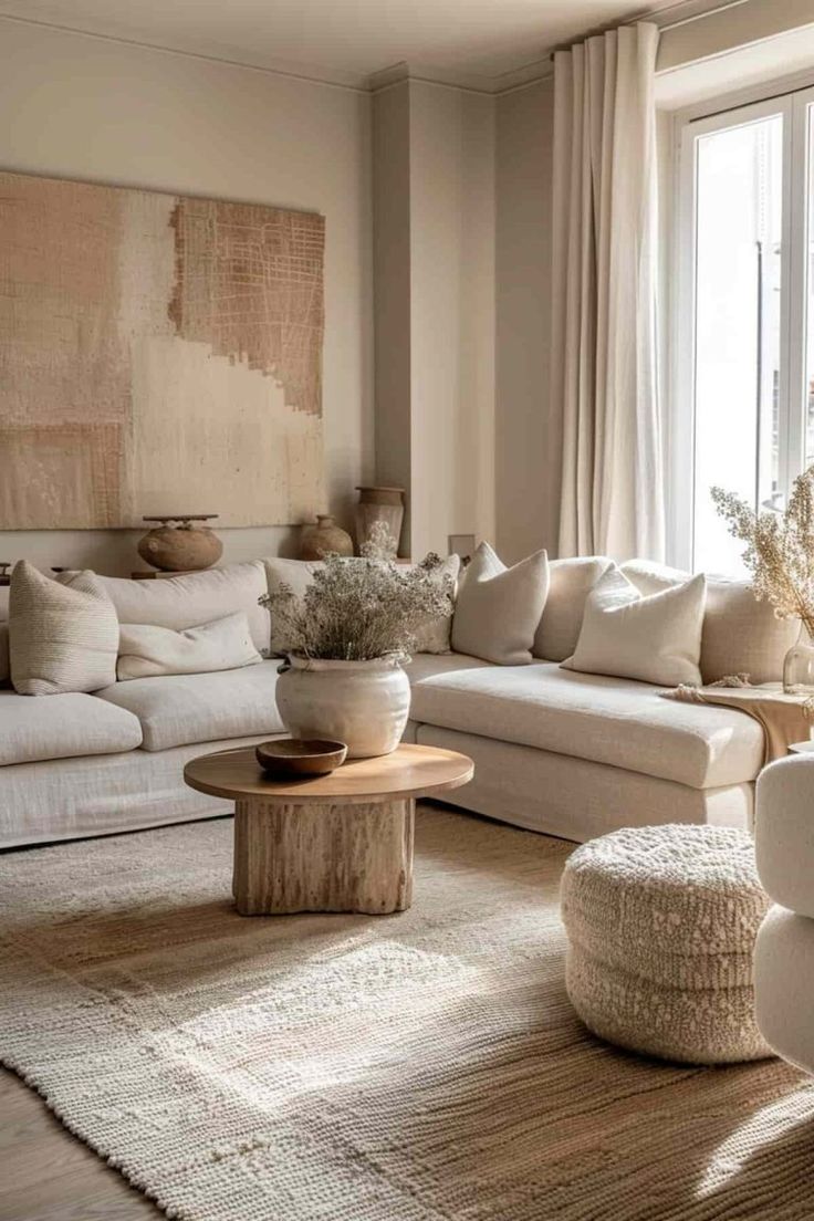 a living room filled with lots of white furniture and pillows on top of a rug