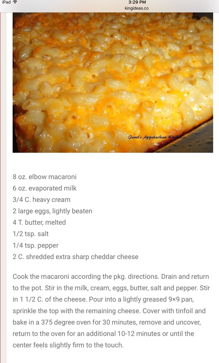 the recipe for macaroni and cheese casserole is shown