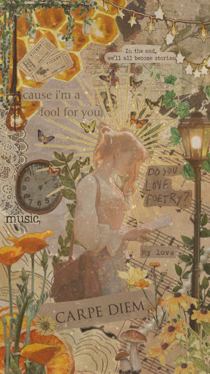 an altered collage with flowers, butterflies and a clock in the middle is shown