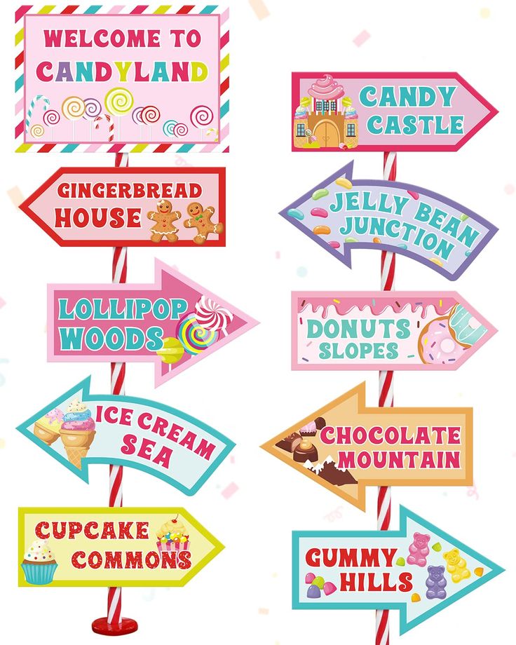 various signs are hanging from the side of a pole with candy land written on them