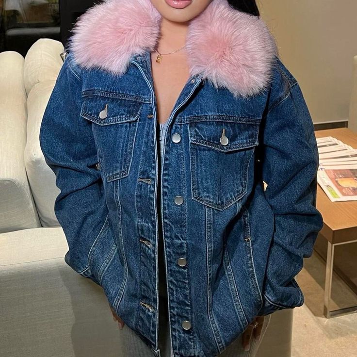 Pink Fur Jean Jacket Fashion Nova Brand New Jean Jacket With Detachable Faux Fur Collar Size S/M Very Roomy And Cozy Trucker Jacket Style Pink Denim Jacket With Pockets, Trendy Pink Denim Outerwear, Pink Denim Jacket With Pockets For Fall, Trendy Pink Outerwear With Pockets, Pink Casual Denim Jacket For Winter, Casual Pink Denim Jacket For Winter, Jean Jacket Fashion, Fur Denim Jacket, Fur Jean Jacket