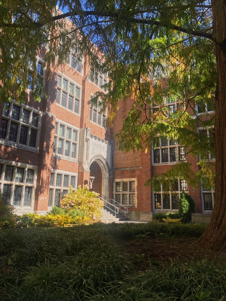 the building has many windows and trees in front of it