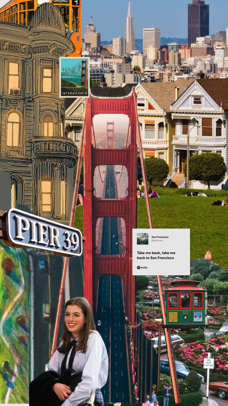 a woman is sitting on a bench in front of the golden gate bridge and san francisco, california