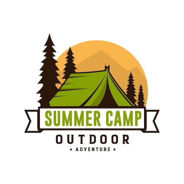 the logo for an outdoor adventure company, summer camp is shown in front of a sunset