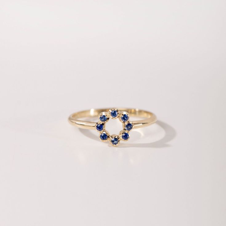 A dainty 14K solid gold ring with blue sapphire gemstones in a circle for women, ideal for stacking with more minimalist rings. The best gift for her. 100% handcrafted with love! PRODUCT DETAILS * Material: 14K solid white gold, 14K solid gold * Gemstone: Blue Sapphire, natural gemstones * Sapphires' Weight: 0.16 ct HOW TO ORDER  * Choose from the drop down menus the available options (Ring size, Metal) and leave us a note for any special requirements. PRODUCTION TIME - SHIPPING POLICIES * Pleas 14k Gold Birthstone Ring With Halo Design, 14k Gold Sapphire Jewelry With Halo Design, Sapphire Birthstone Ring In 14k Gold, 14k Gold Sapphire Cluster Ring Gift, Yellow Gold Sapphire Ring With Halo For Promise, Sapphire Cluster Ring In 14k Gold As Gift, 14k Gold Blue Halo Rings, Blue 14k Gold Ring With Halo Design, Yellow Gold Sapphire Cluster Ring For Gift